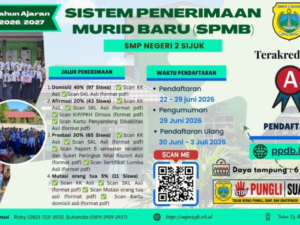SPMB SMP Negeri 2 Sijuk Tahun Ajaran 2026/2027 Resmi Dibuka, Siapkan Generasi Berprestasi dan Berkarakter